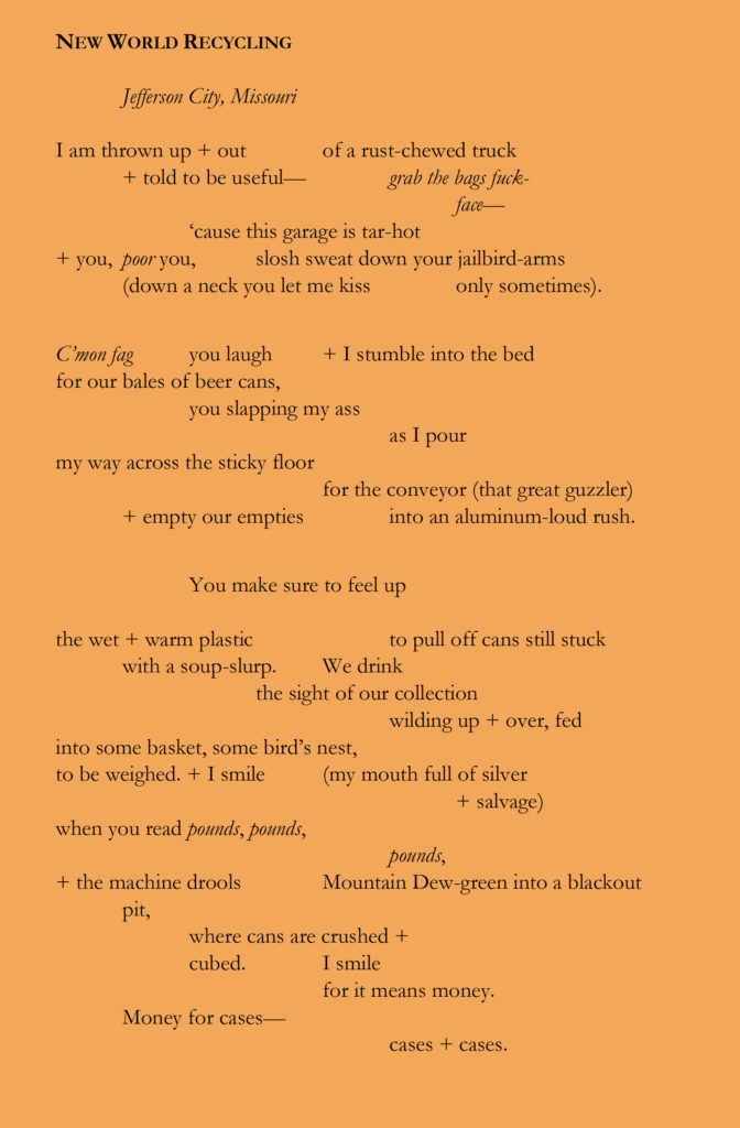 Image of the poem "New World Recycling" by Kieron Walquist. Please click on the image to access a PDF copy of the poem. 